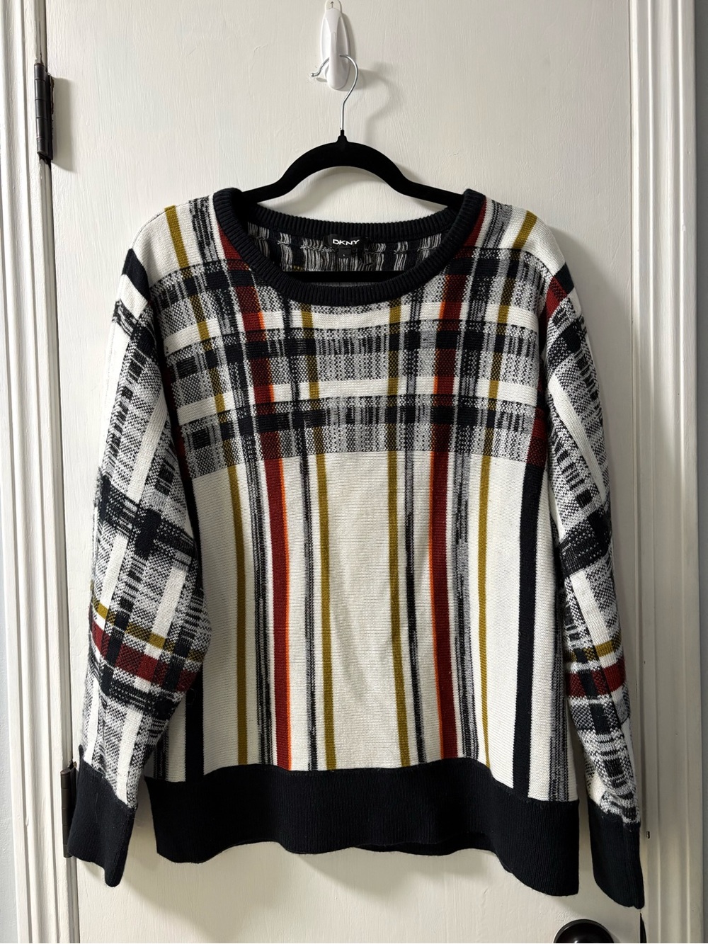 DKNY Black, White & Red Plaid Knit Sweater
